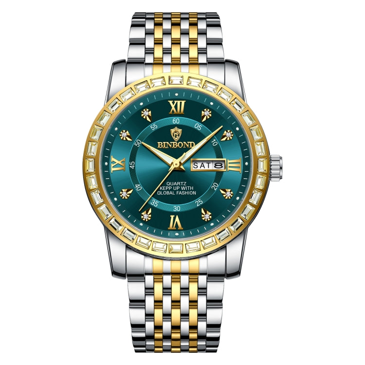 BINBOND B2202 Diamond Dual-calendar Luminous Quartz Watch, Color: Inter-gold-Green - free shipping - PMC TechLife - Order now!