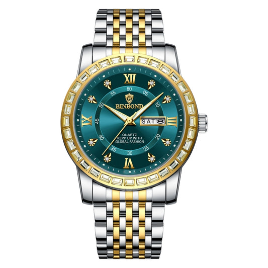 BINBOND B2202 Diamond Dual-calendar Luminous Quartz Watch, Color: Inter-gold-Green - free shipping - PMC Jewellery - Order now!