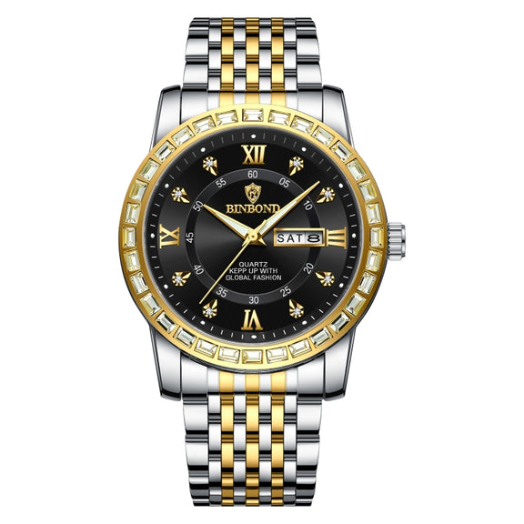 BINBOND B2202 Diamond Dual-calendar Luminous Quartz Watch, Color: Inter-gold-Black