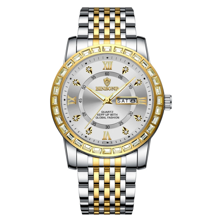 BINBOND B2202 Diamond Dual-calendar Luminous Quartz Watch, Color: Inter-gold-White - free shipping - PMC Jewellery - Order now!