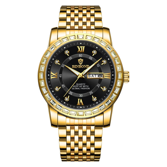 BINBOND B2202 Diamond Dual-calendar Luminous Quartz Watch, Color: Full-gold-Black - free shipping - PMC Jewellery - Order now!