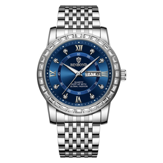 BINBOND B2202 Diamond Dual-calendar Luminous Quartz Watch, Color: White Steel-Blue - free shipping - PMC Jewellery - Order now!