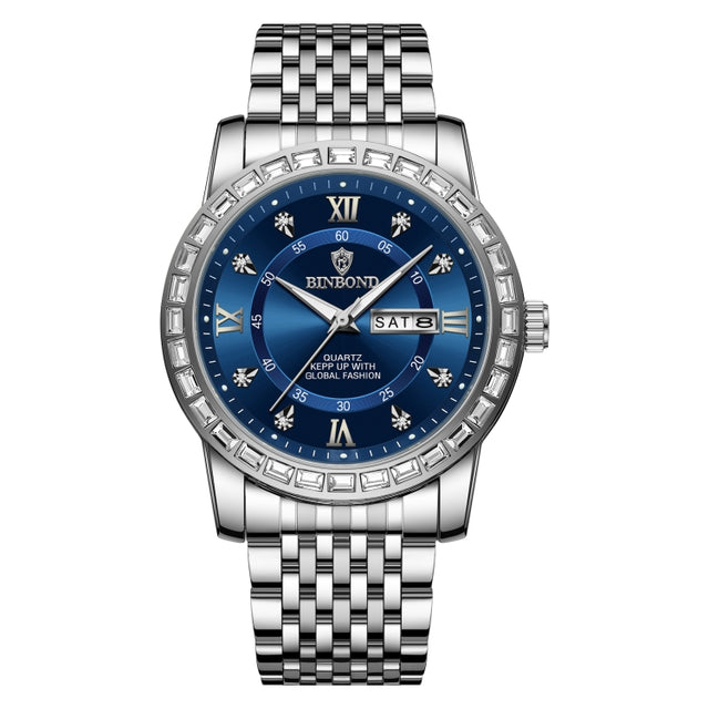 BINBOND B2202 Diamond Dual-calendar Luminous Quartz Watch, Color: White Steel-Blue