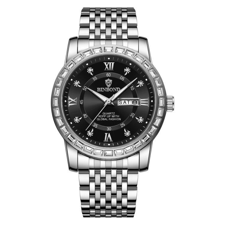 BINBOND B2202 Diamond Dual-calendar Luminous Quartz Watch, Color: White Steel-Black - free shipping - PMC Jewellery - Order now!