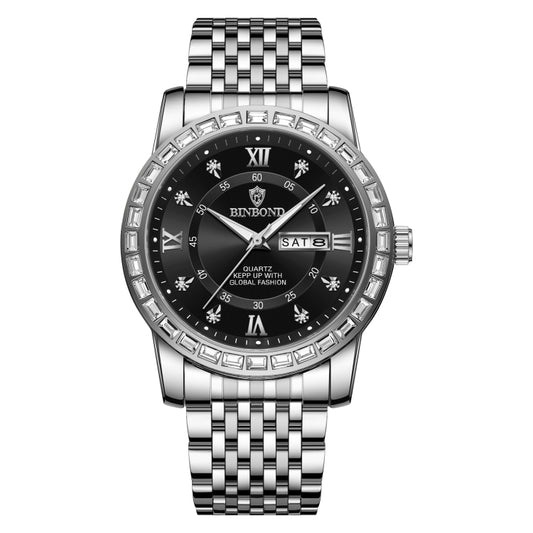 BINBOND B2202 Diamond Dual-calendar Luminous Quartz Watch, Color: White Steel-Black - free shipping - PMC Jewellery - Order now!