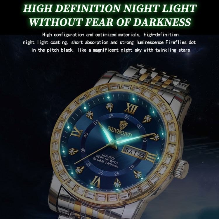 BINBOND B2202 Diamond Dual-calendar Luminous Quartz Watch, Color: Full-gold-Black