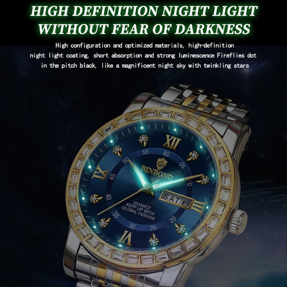 BINBOND B2202 Diamond Dual-calendar Luminous Quartz Watch, Color: Inter-gold-Blue