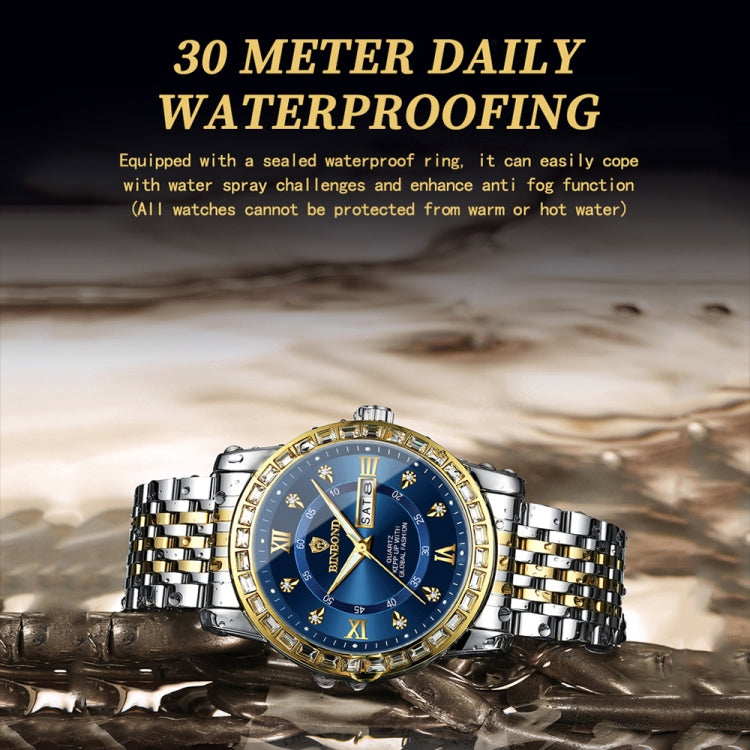 BINBOND B2202 Diamond Dual-calendar Luminous Quartz Watch, Color: White Steel-Black - free shipping - PMC TechLife - Order now!