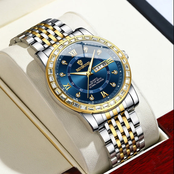 BINBOND B2202 Diamond Dual-calendar Luminous Quartz Watch, Color: Inter-gold-Blue
