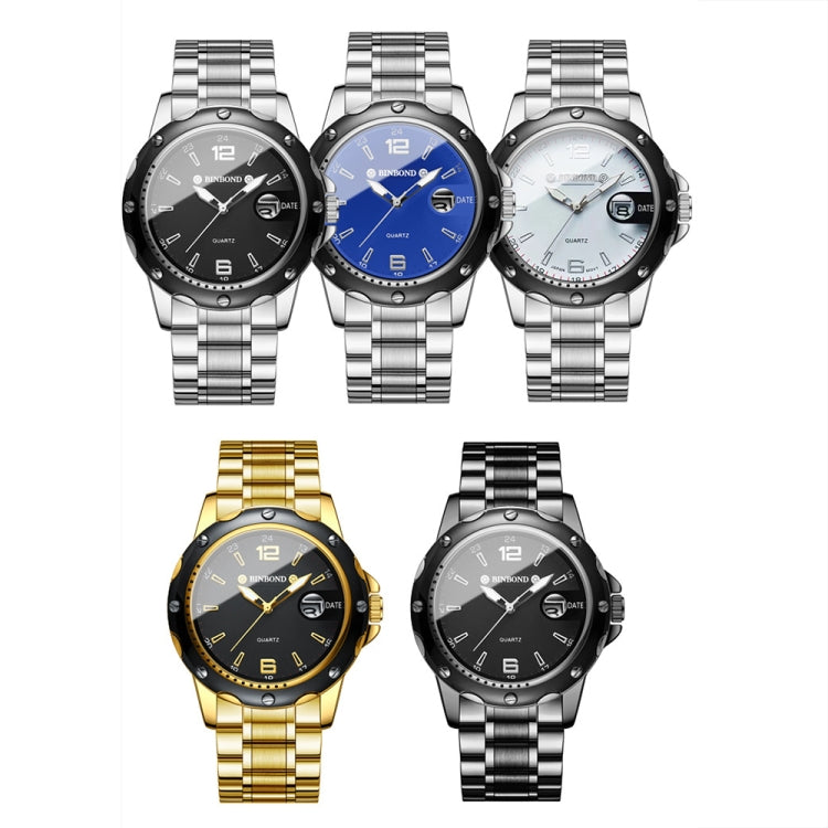 BINBOND B9696 Outdoor Calendar Luminous Water-resistant Quartz Watch, Color: Black Steel-Black-White Nail