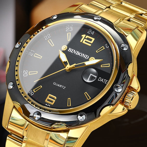 BINBOND B9696 Outdoor Calendar Luminous Water-resistant Quartz Watch, Color: Black Steel-Black-White Nail