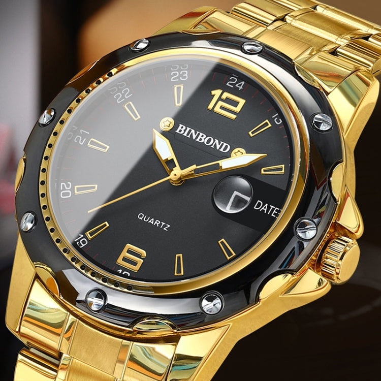 BINBOND B9696 Outdoor Calendar Luminous Water-resistant Quartz Watch, Color: Black Steel-Black-White Nail