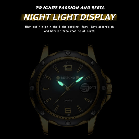 BINBOND B9696 Outdoor Calendar Luminous Water-resistant Quartz Watch, Color: Black Steel-Black-White Nail