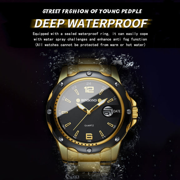 BINBOND B9696 Outdoor Calendar Luminous Water-resistant Quartz Watch, Color: Black Steel-Black-White Nail