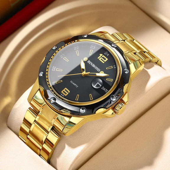 BINBOND B9696 Outdoor Calendar Luminous Water-resistant Quartz Watch, Color: Black Steel-Black-White Nail