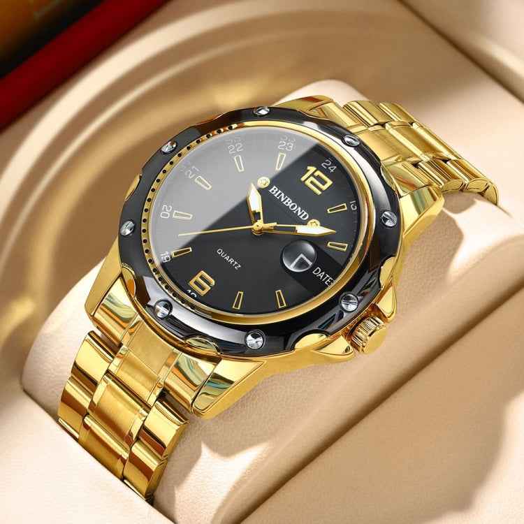 BINBOND B9696 Outdoor Calendar Luminous Water-resistant Quartz Watch, Color: Black Steel-Black-White Nail