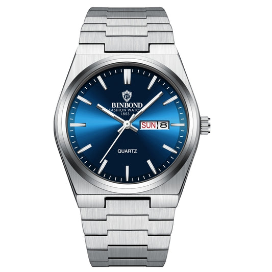 BINBOND B102 Dual-calendar Leisure Waterproof Luminous Quartz Watch, Color: White Steel-Blue - free shipping - PMC Jewellery - Order now!