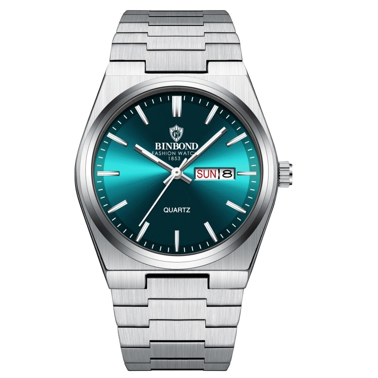 BINBOND B102 Dual-calendar Leisure Waterproof Luminous Quartz Watch, Color: White Steel-Green - free shipping - PMC TechLife - Order now!
