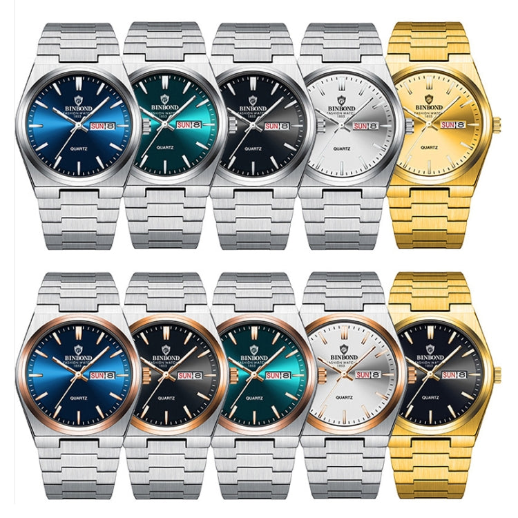 BINBOND B102 Dual-calendar Leisure Waterproof Luminous Quartz Watch, Color: White Steel-Blue - free shipping - PMC TechLife - Order now!