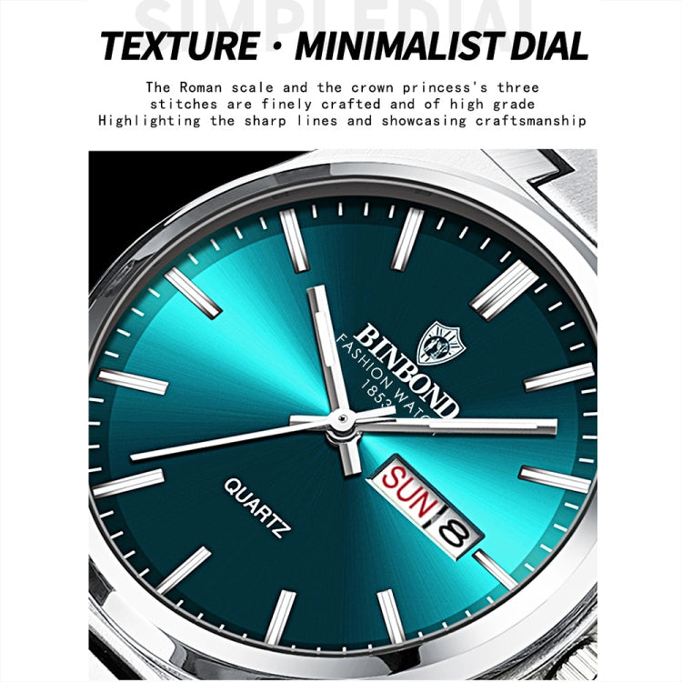 BINBOND B102 Dual-calendar Leisure Waterproof Luminous Quartz Watch, Color: White Steel-Green - free shipping - PMC TechLife - Order now!