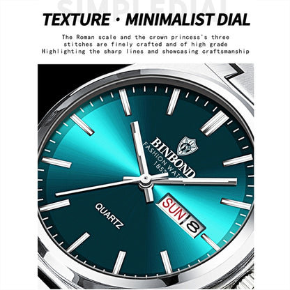 BINBOND B102 Dual-calendar Leisure Waterproof Luminous Quartz Watch, Color: White Steel-Blue - free shipping - PMC Jewellery - Order now!