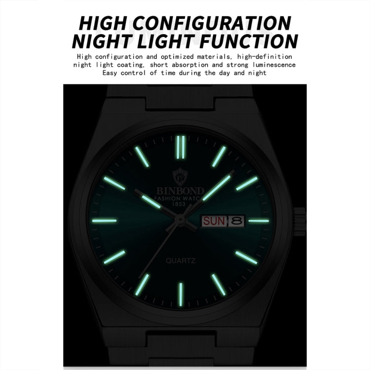 BINBOND B102 Dual-calendar Leisure Waterproof Luminous Quartz Watch, Color: White Steel-Blue - free shipping - PMC TechLife - Order now!