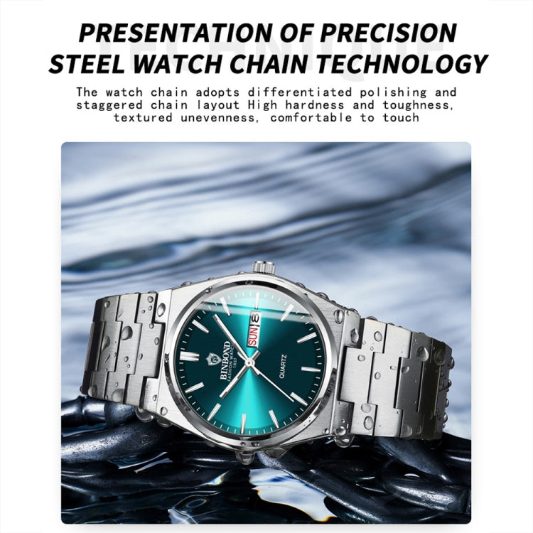 BINBOND B102 Dual-calendar Leisure Waterproof Luminous Quartz Watch, Color: White Steel-Blue - free shipping - PMC Jewellery - Order now!