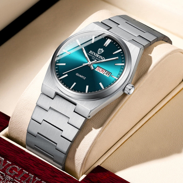 BINBOND B102 Dual-calendar Leisure Waterproof Luminous Quartz Watch, Color: White Steel-Blue - free shipping - PMC Jewellery - Order now!