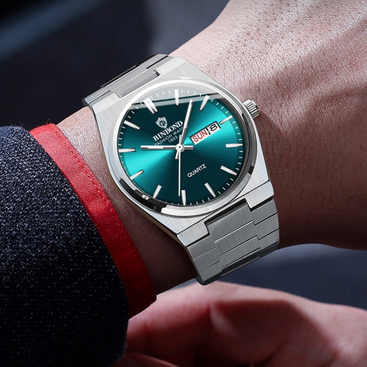 BINBOND B102 Dual-calendar Leisure Waterproof Luminous Quartz Watch, Color: White Steel-Blue - free shipping - PMC Jewellery - Order now!