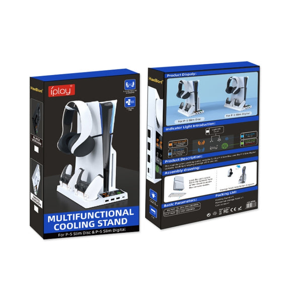 For PS5 Slim iplay HA-8006 Console Multifunctional Cooling Dock Handle Dual Charging Stand Handle Headphone Organizer(White)