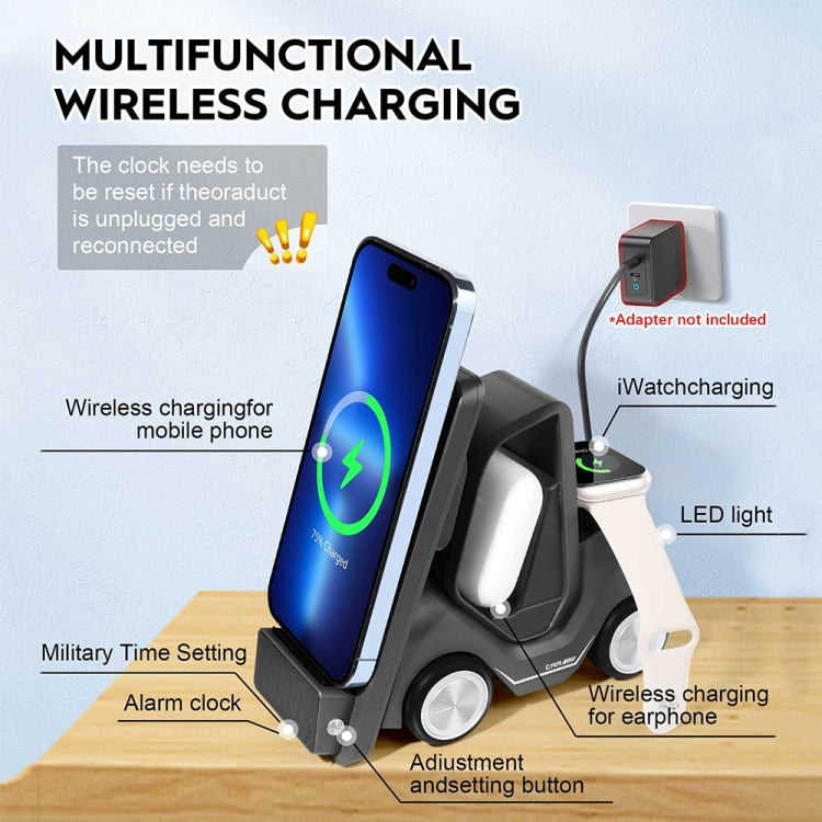 T20 5-in-1 Car-shaped Desktop Alarm Clock Wireless Charger with Atmosphere Light(Yellow)