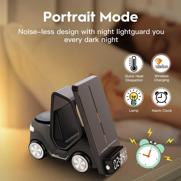 T20 5-in-1 Car-shaped Desktop Alarm Clock Wireless Charger with Atmosphere Light(Gray)