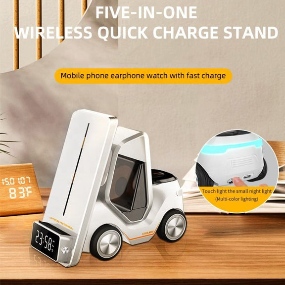 T20 5-in-1 Car-shaped Desktop Alarm Clock Wireless Charger with Atmosphere Light(Yellow)