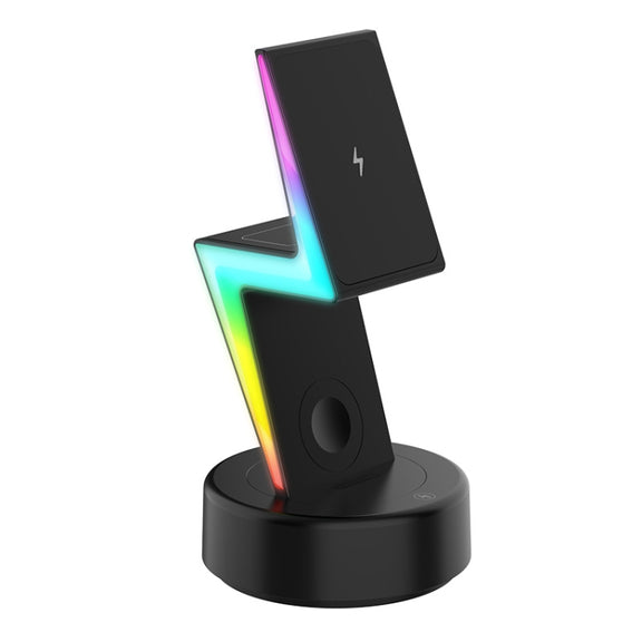 For Apple Series 3 In 1 RGB Light Magsafe Magnetic Mobile Phone Holder Wireless Charger(Black)