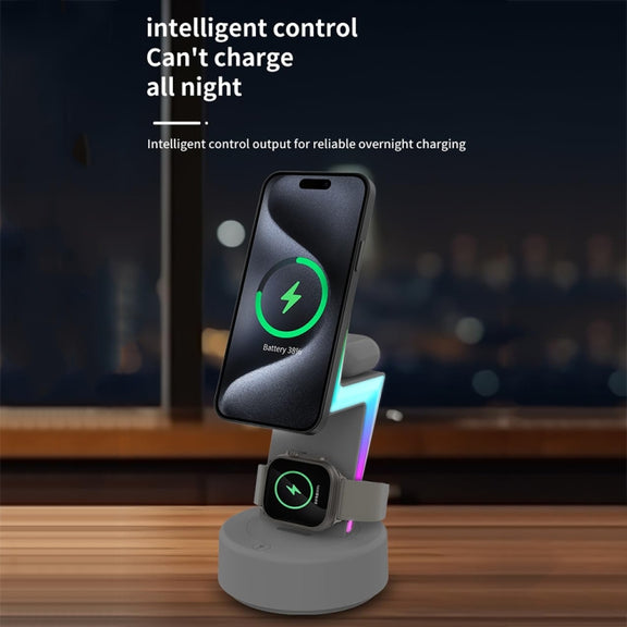 For Apple Series 3 In 1 RGB Light Magsafe Magnetic Mobile Phone Holder Wireless Charger(Black)