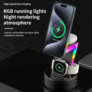 For Apple Series 3 In 1 RGB Light Magsafe Magnetic Mobile Phone Holder Wireless Charger(Black)