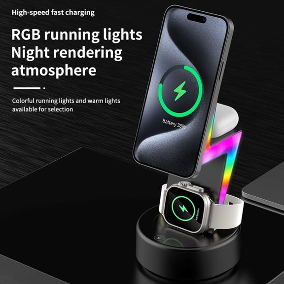 For Apple Series 3 In 1 RGB Light Magsafe Magnetic Mobile Phone Holder Wireless Charger(Black)