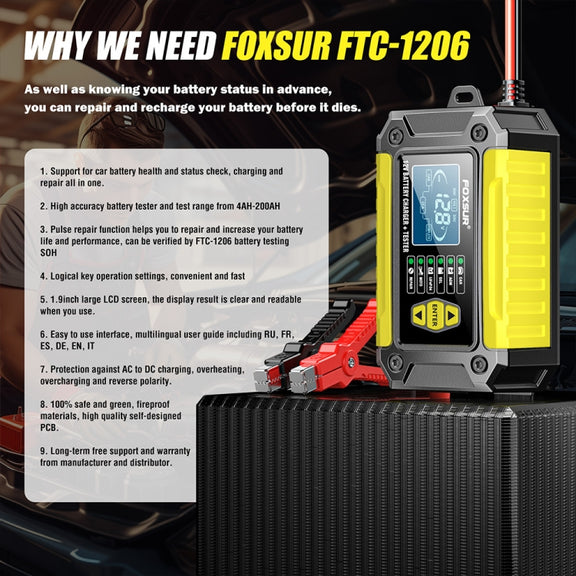 FOXSUR Cars Motorcycles 12V Lithium Cattery Charger With Battery Detection(UK Plug)