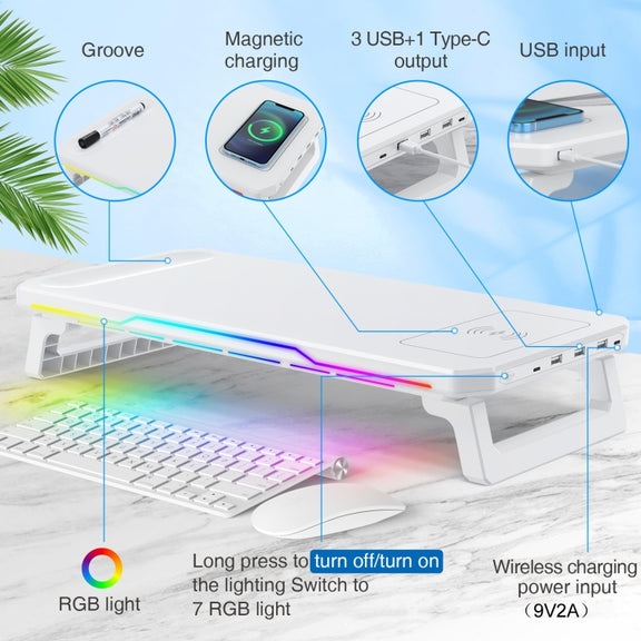 RGB Computer Monitor Stand Riser 3 USB 2.0 +1 Type-C Ports, Spec: Basic White
