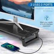 RGB Computer Monitor Stand Riser 3 USB 2.0 +1 Type-C Ports, Spec: Wireless Charging  Black