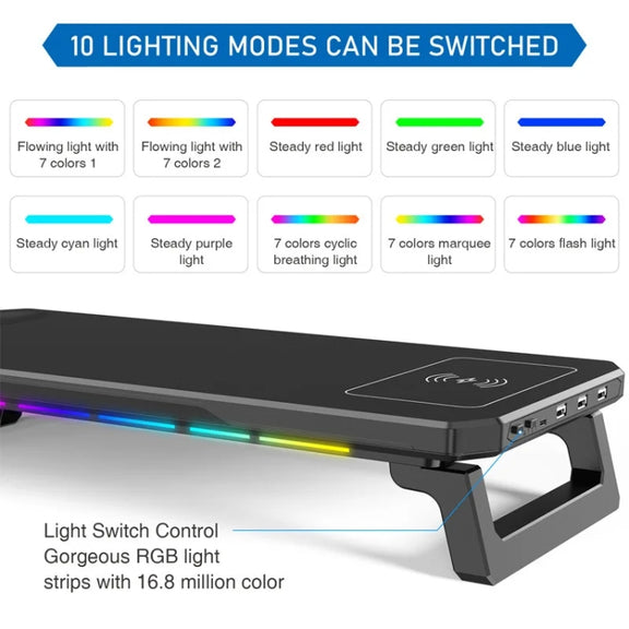 RGB Computer Monitor Stand Riser 3 USB 2.0 +1 Type-C Ports, Spec: Basic White