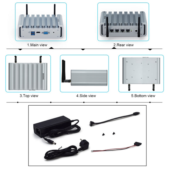 HYSTOU P09B-J4125-4L 8GB DDR4+128GB SSD Industrial Computer Soft Route From 2.5G Multi -Network HTPC Server Mini Console(With EU Adapter)