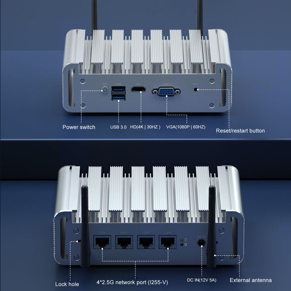 HYSTOU P09B-J4125-4L 8GB DDR4+128GB SSD Industrial Computer Soft Route From 2.5G Multi -Network HTPC Server Mini Console(With UK Adapter)