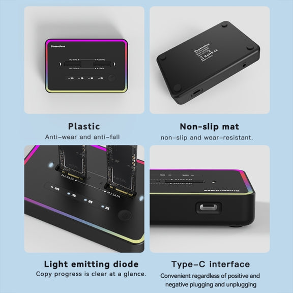 RGB Dual SATA Blueendless M.2 Dual-Slot Hard Drive Base Solid State Hard Drive Box, US Plug