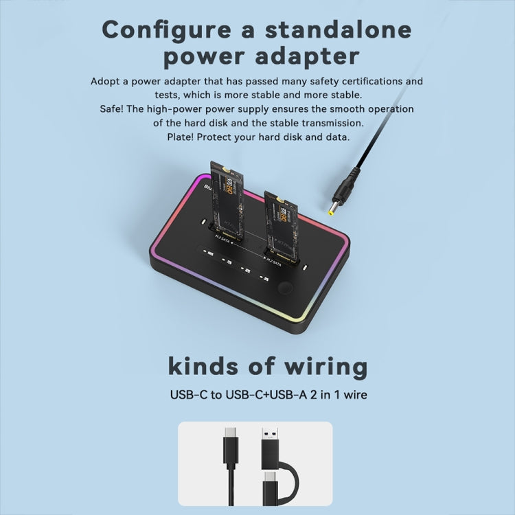 RGB Dual SATA Blueendless M.2 Dual-Slot Hard Drive Base Solid State Hard Drive Box, US Plug - HDD Enclosure by PMC Jewellery | Online Shopping South Africa | PMC Jewellery | Buy Now Pay Later Mobicred