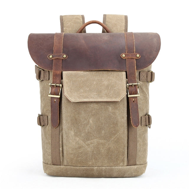 Vintage Camera Bag Water-resistant  Canvas Backpack with Laptop Compartment Tripod Holder(Khaki)