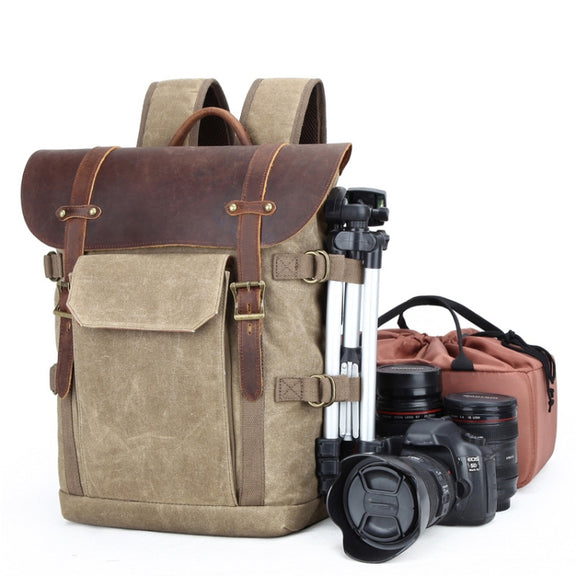 Vintage Camera Bag Water-resistant  Canvas Backpack with Laptop Compartment Tripod Holder(Army Green)