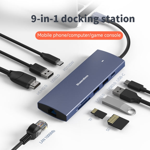 Blueendless 4K60Hz + Gigabit LAN + Data Type-C Docking Station, Spec: 9-in-1 Reading Card Gray