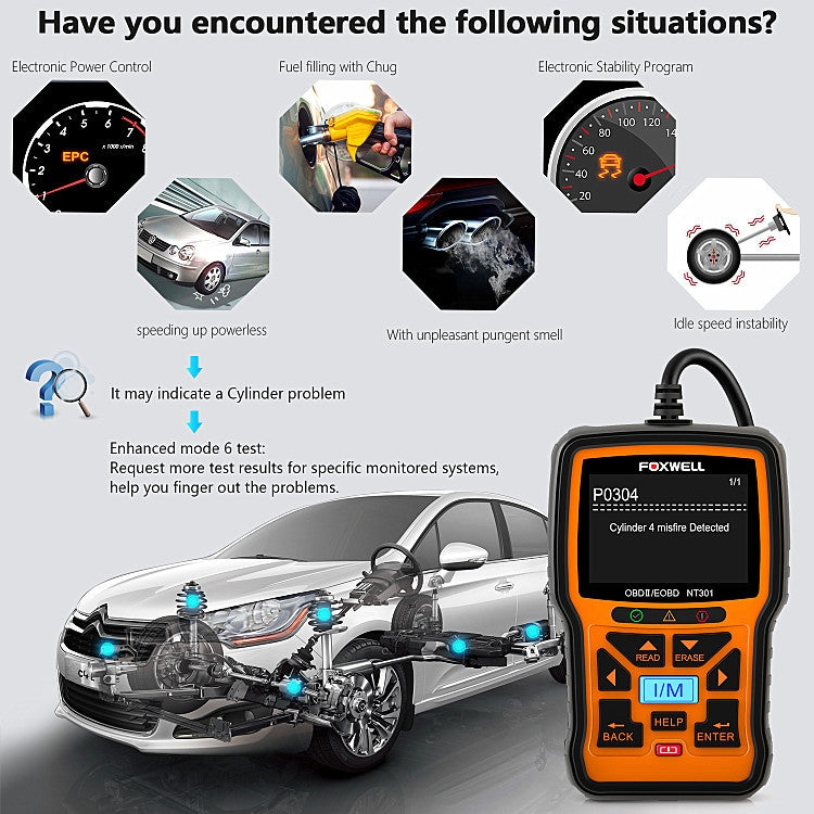 FOXWELL NT301 OBD2 Car Fault Diagnostic Instrument Live Data Code Reader Tool - free shipping - PMC TechLife - Order now!