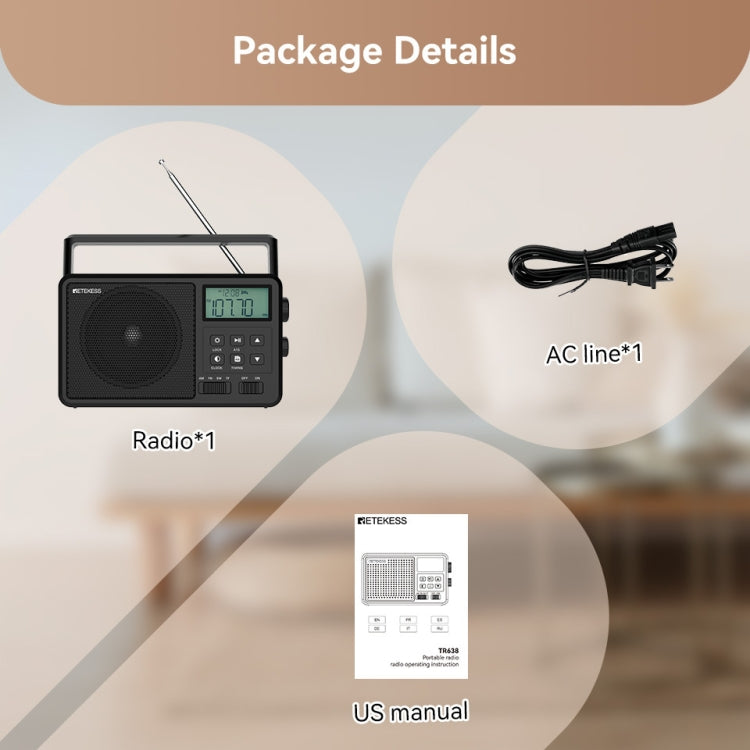 Retekess TR638 LCD Digital Display Full-Band Bluetooth FM Radio Support External Antenna(US Plug)